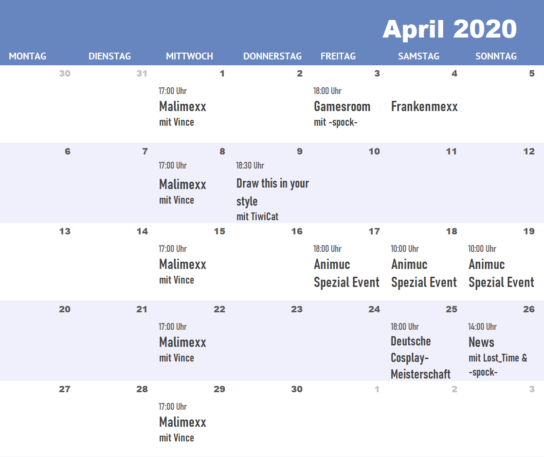 Streaming Kalender April 2020